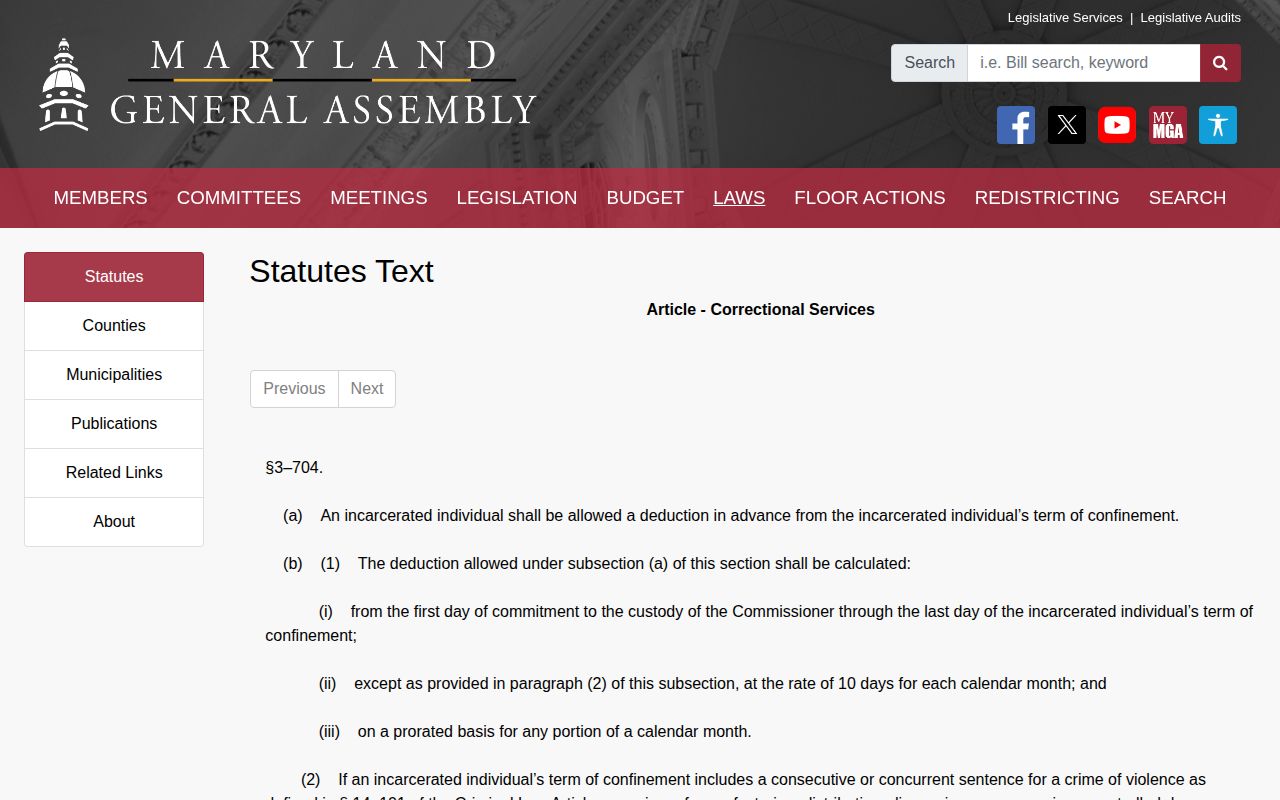 Maryland good conduct credit law for Anne Arundel County projected release dates